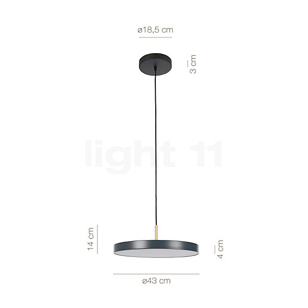 Measurements of the Umage Asteria Pendant Light LED anthracite - Cover brass in detail: height, width, depth and diameter of the individual parts.
