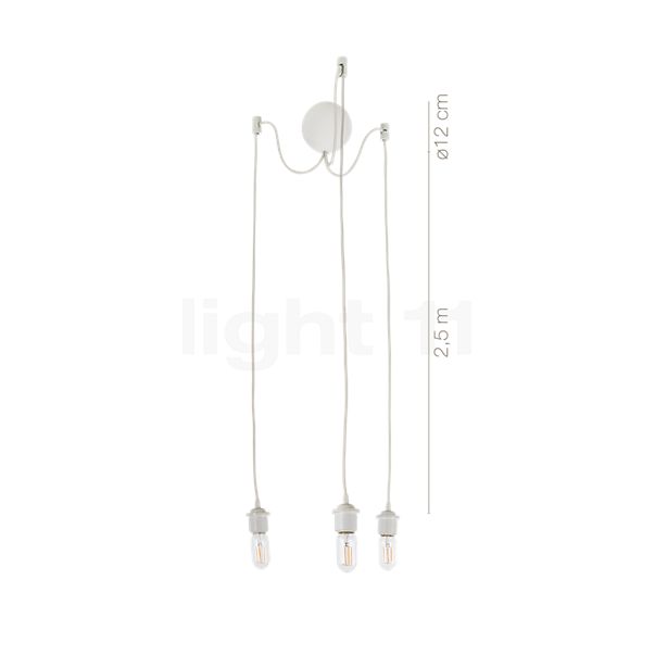 Measurements of the Umage Cannonball Pendant Light 3 lamps white with globe bulb in detail: height, width, depth and diameter of the individual parts.