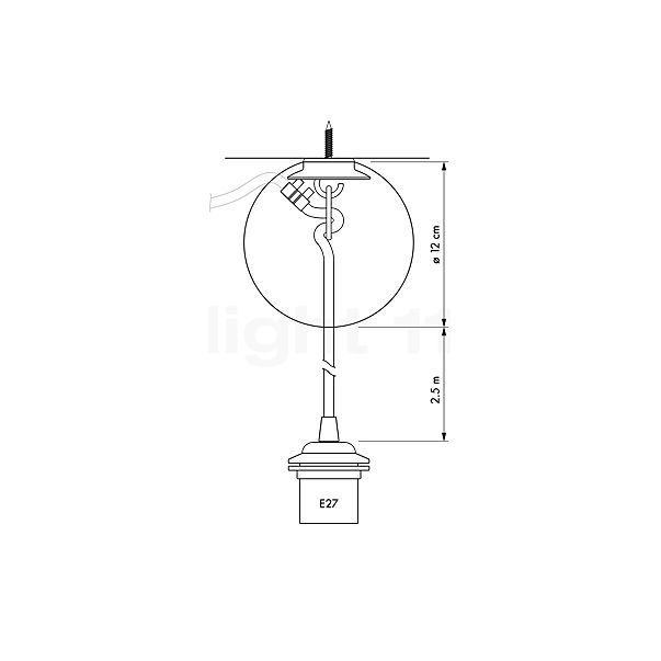 Umage Cannonball, lámpara de suspensión de 1 foco blanco con globe bombilla - alzado con dimensiones