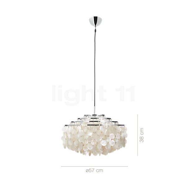 Measurements of the Verpan Fun 10DM Pendant Light chrome in detail: height, width, depth and diameter of the individual parts.