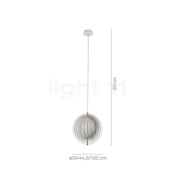 Measurements of the Verpan Moon Pendant light white - large in detail: height, width, depth and diameter of the individual parts.
