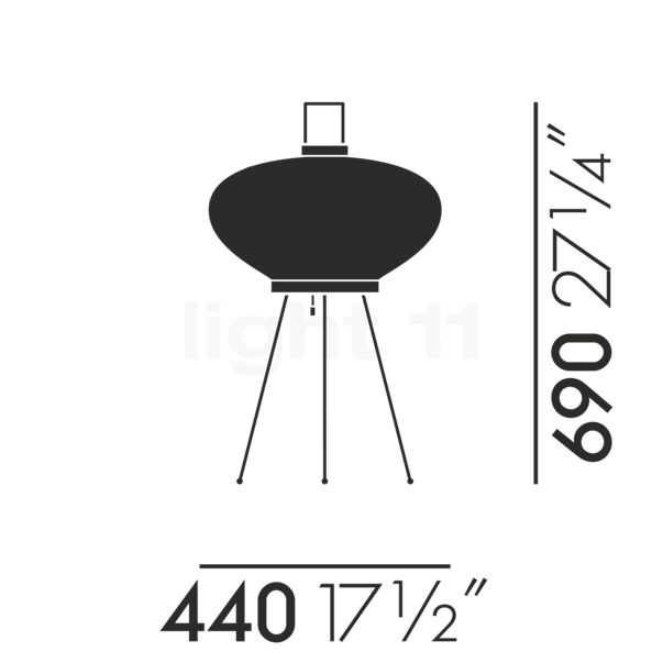 Vitra Akari 9A, lámpara de sobremesa 9A - alzado con dimensiones