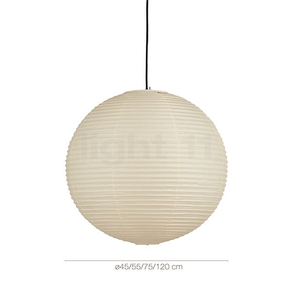 De afmetingen van de Vitra Akari A Hanglamp 45A in detail: hoogte, breedte, diepte en diameter van de afzonderlijke onderdelen.