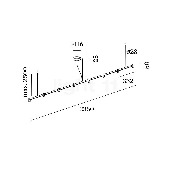 Wever & Ducré Trace 3.0, lámpara de suspensión LED lineal - 8 focos negro mate/champán - 3.000 K - alzado con dimensiones