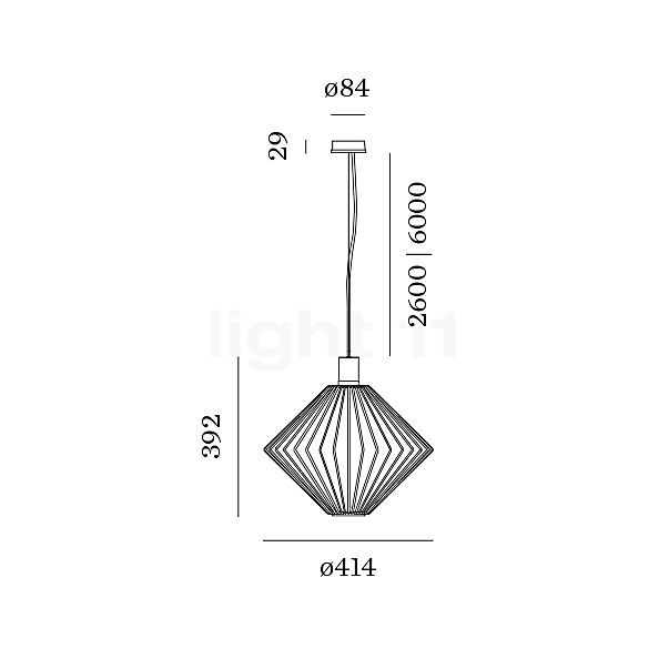 Wever & Ducré Wiro 1.1 Diamond, lámpara de suspensión negro - alzado con dimensiones