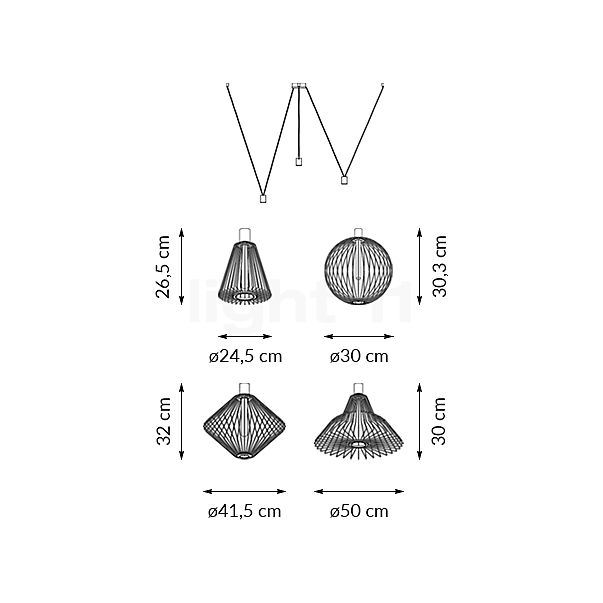 Wever & Ducré Wiro, lámpara de suspensión 3 focos - alzado con dimensiones