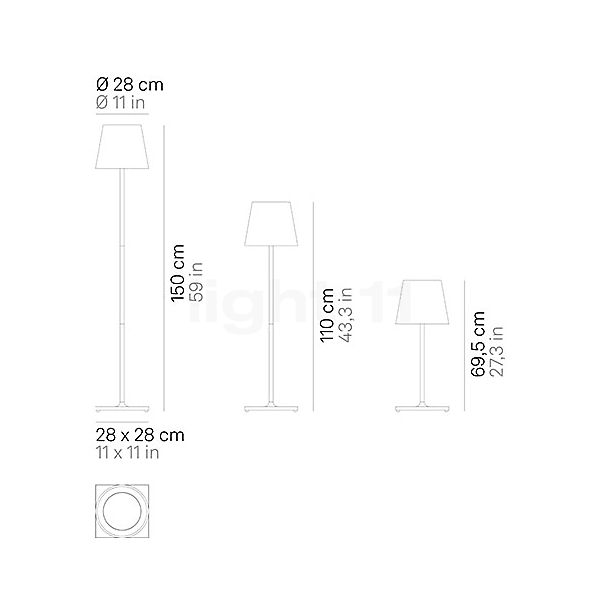 Zafferano Poldina XXL, lámpara recargable LED gris oscuro - alzado con dimensiones