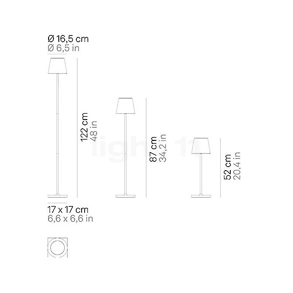 Zafferano Poldina, lámpara recargable LED blanco - 52/87/122 cm - alzado con dimensiones
