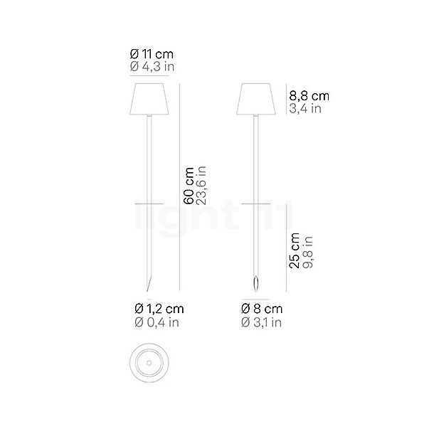 Zafferano Poldina, lámpara recargable LED con piqueta para jardín gris oscuro - alzado con dimensiones