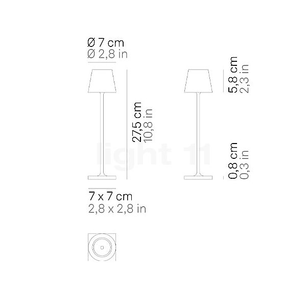 Zafferano Poldina, lámpara recargable LED gris oscuro - 27,5 cm - alzado con dimensiones