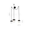 Measurements of the Umage Acorn Cannonball Pendant Light 3 lamps black brass in detail: height, width, depth and diameter of the individual parts.